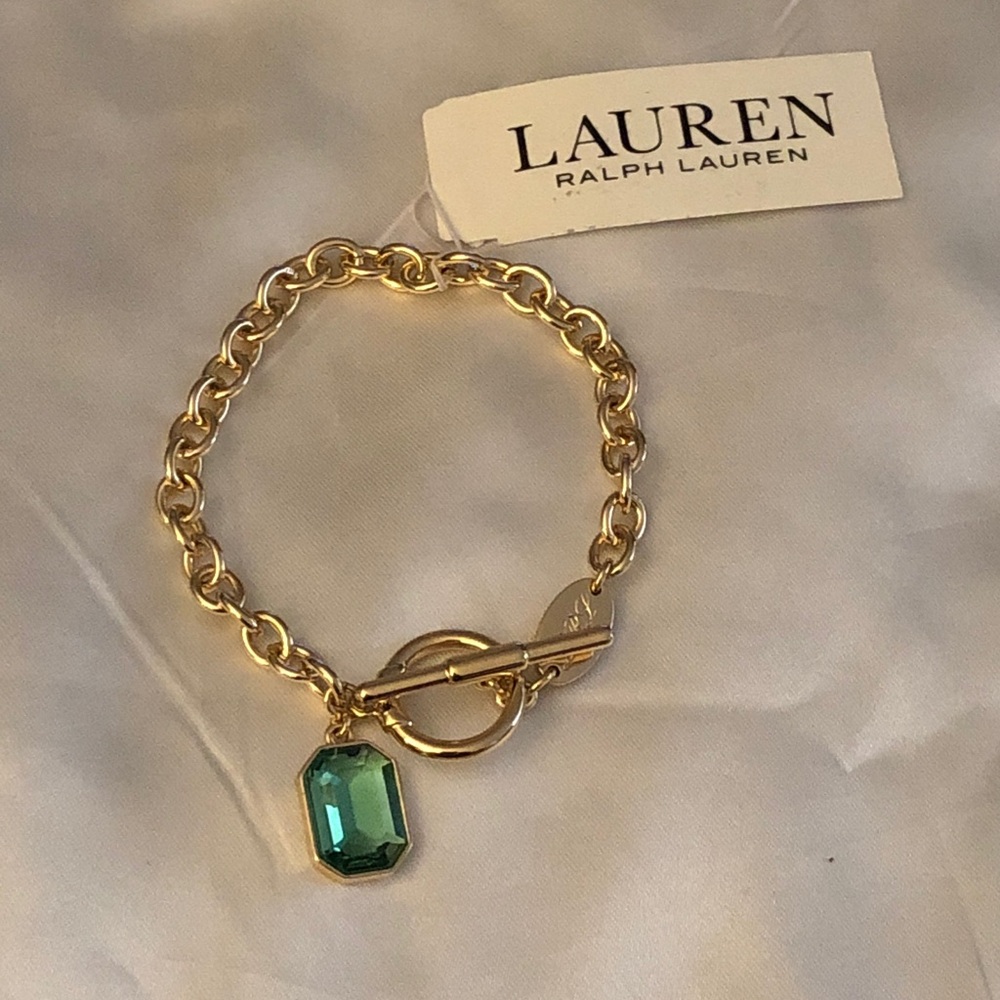 Lauren Ralph Lauren Gold Tone Logo Plaque Bracelet Green Crystal Charm NWT